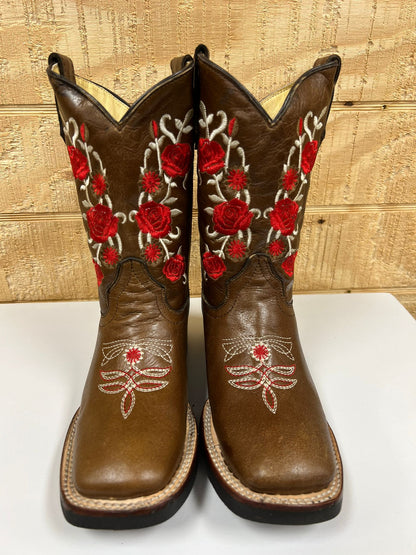 VAQUERITA JR 6 FLORES ROJAS PIEL RES NATURAL COLOR MIEL HORMA DE HULE