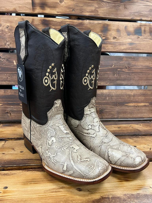 ESTILO INDIO PIEL GRABADO FORRO RES COLOR HUESO SUELA CUERO HORMA BULL DOG